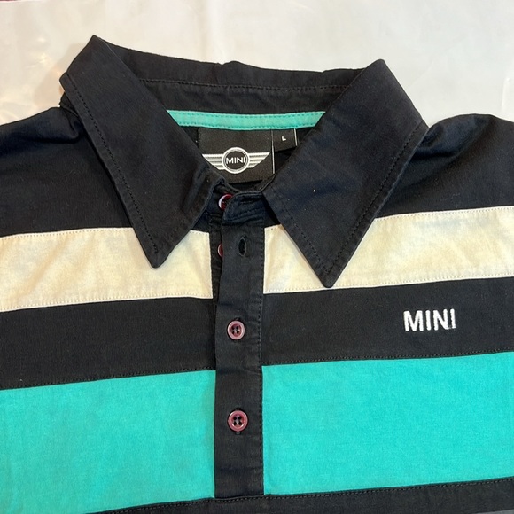 Mini Cooper BLACK Polo Shirt GRAY STRIPES Aqua white wide stripes COTTON mens Lg - Picture 2 of 12